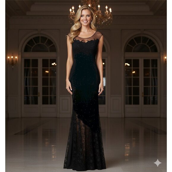 Sheer Illusion Lace Evening Gown Black Beaded Maxi 8 Formal Prom Black Tie - Picture 12 of 12